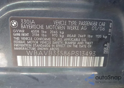 2006 BMW 330 I из США, поврежденный, VIN WBAVB33586PS13493